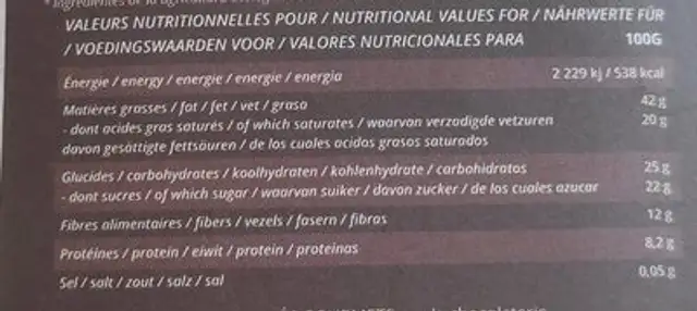 Congo noir 70% cœur noisette nutrition facts table