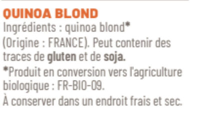Quinoa blond en conversion bio ingredients label