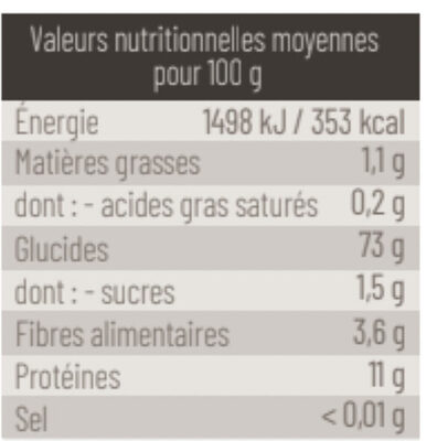 Farine de blé T65 en conversion bio nutrition facts table