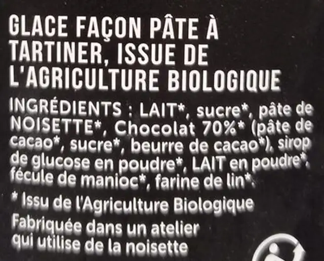 Glace à la pâte à tartiner bio ingredients label