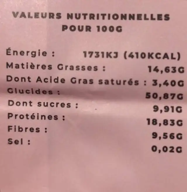Muesli croquant chocolat/cacahuetes nutrition facts table