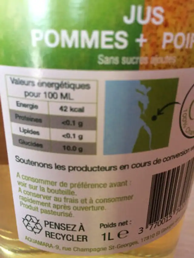 Jus pommes et poires nutrition facts table