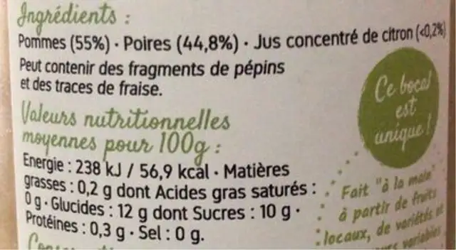 Purée de Fruits pomme poire nutrition facts table