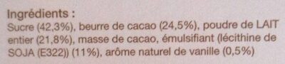 Chocolat lait 35% ingredients label