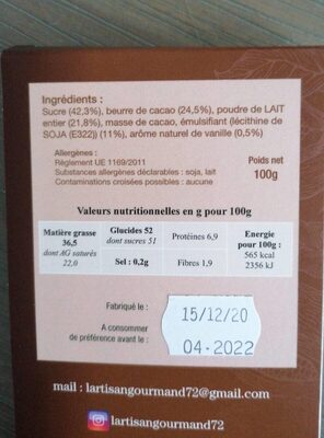 Chocolat lait 35% nutrition facts table