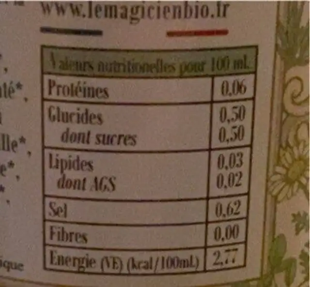 Potion Détente nutrition facts table