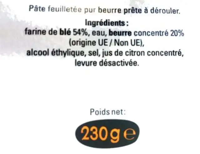 La pâte feuilletée ingredients label