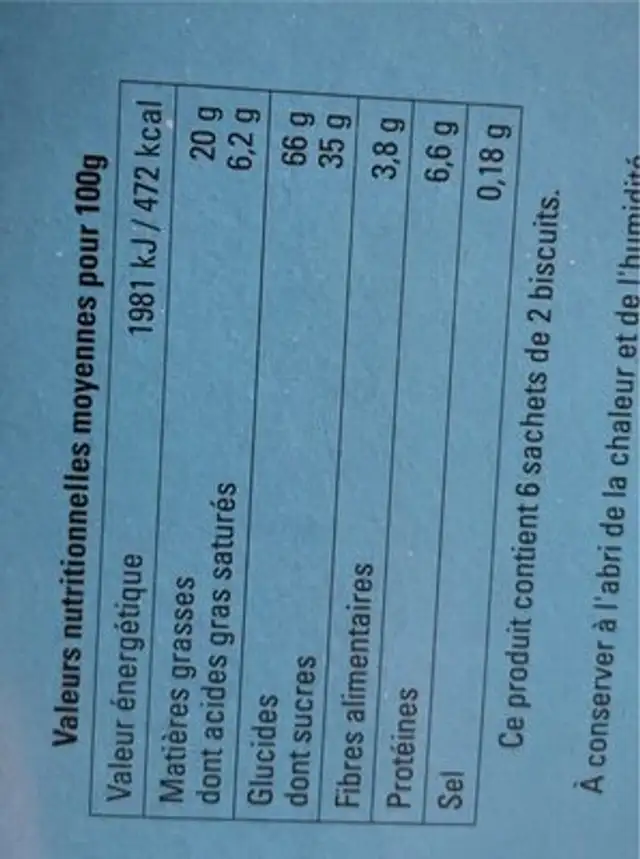 cookies chocolat nutrition facts table
