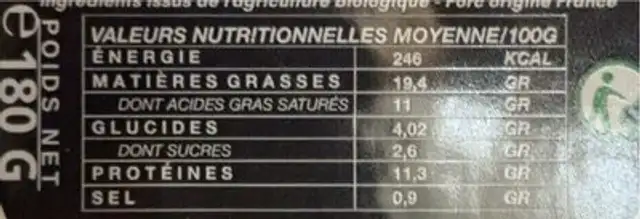 Boudin tartinable Bio nutrition facts table