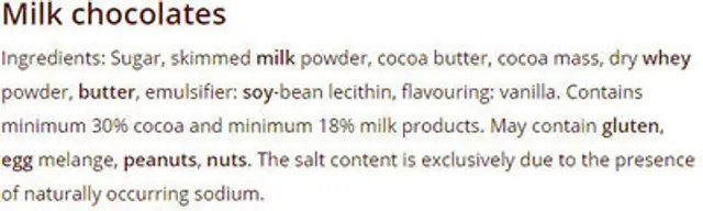 CHOKO PARK MILK CHOCOLATES 30% COCOA ingredients label