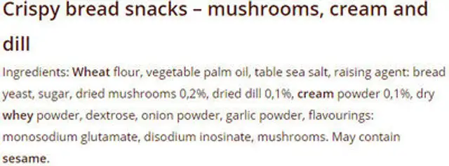 SALZA BREDO ROLLS MAX MUSHROOMS, CREAM AND DILL ingredients label