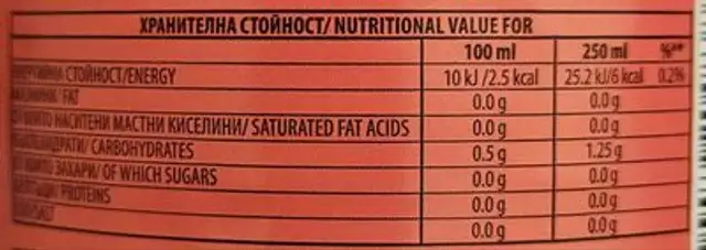 Газирана безалкохолна напитка с вкус манго с подсладители nutrition facts table