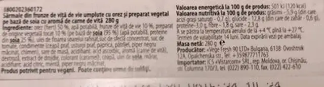 Dolma stuffed with rice & vegan no mince ingredients label