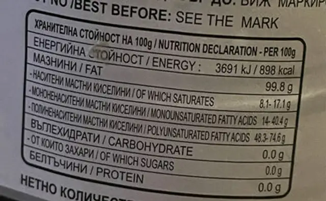 Sunflower Oil nutrition facts table