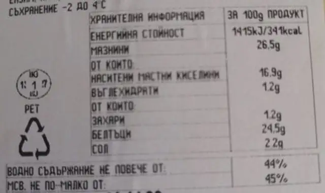 Български краве кашкавал БДС nutrition facts table