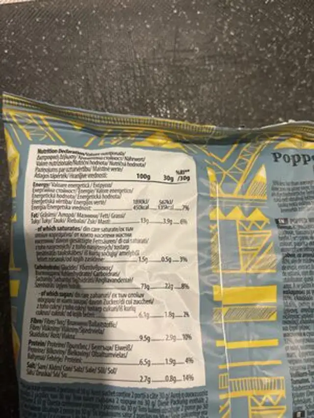 Popped Tortilla Chips nutrition facts table