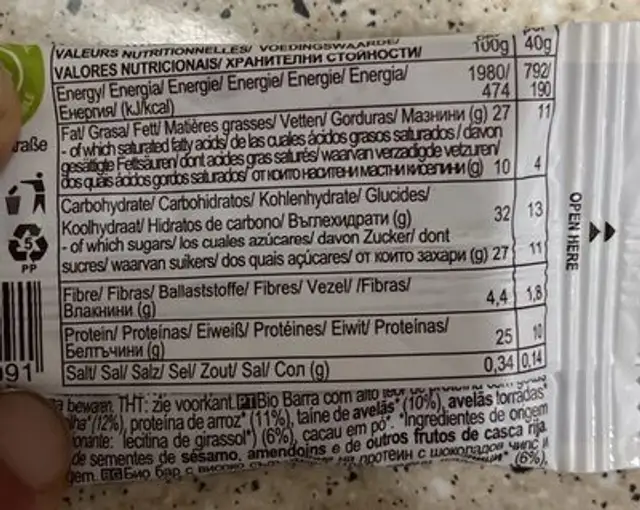 Choc Chip & Hazelnuts nutrition facts table