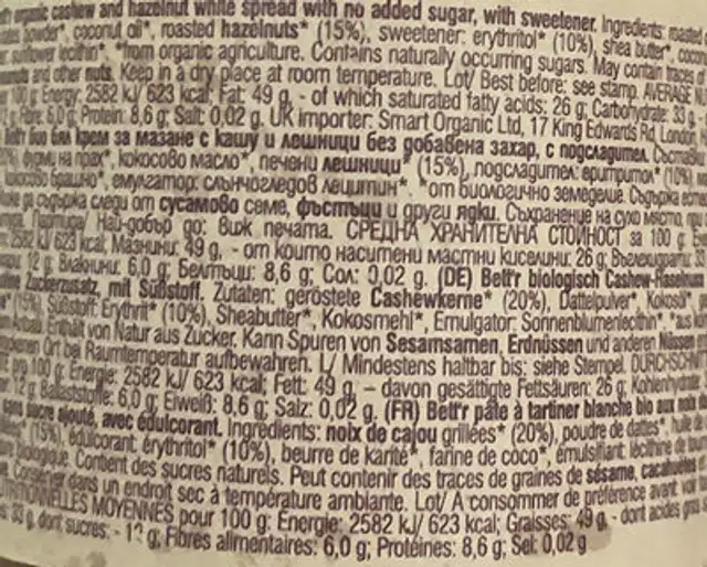 White Choco Spread by Bettr nutrition facts table