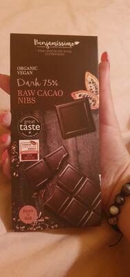 Dark 75% Raw Cacao Nibs front packaging