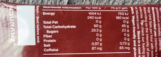 Ngery Gel 45 Caffeine 65mg nutrition facts table