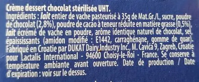 Lactel Dessert Chocolate ingredients label