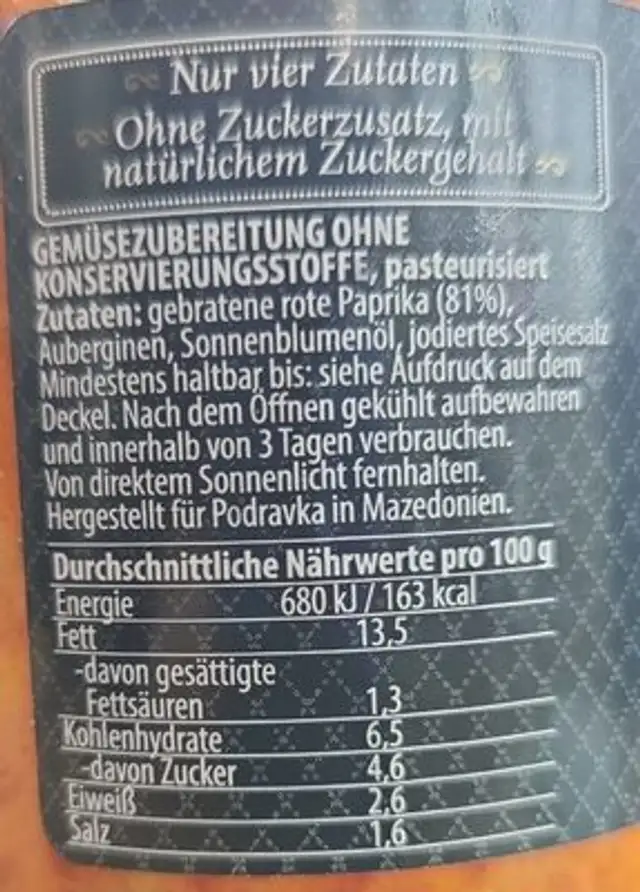 Ajvar Hausgemacht Mild nutrition facts table