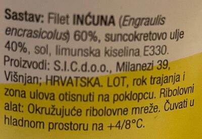Fileti mariniranih inčuna / Filetti di acciughe marinate ingredients label