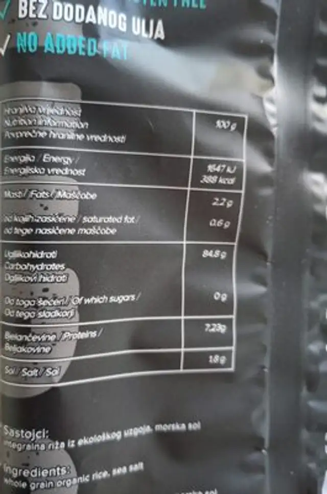 čips od riže nutrition facts table