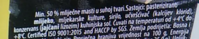 Livanjski sir ingredients label