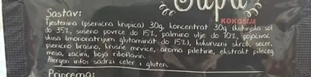 Kokošja supa ingredients label
