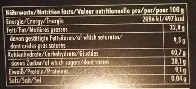 Black ans white chocolate nutrition facts table