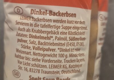 Backerbsen Dinkel ingredients label