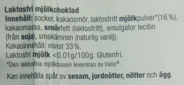 Melkesjokolade Laktosefri 100 g ingredients label
