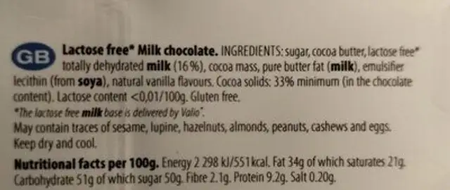 Melkesjokolade Laktosefri 100 g nutrition facts table