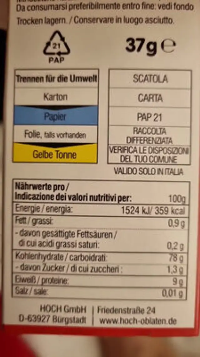 Hoch Back Oblaten ingredients label