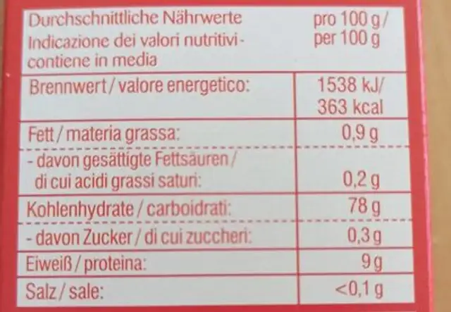 Hoch Back Oblaten nutrition facts table