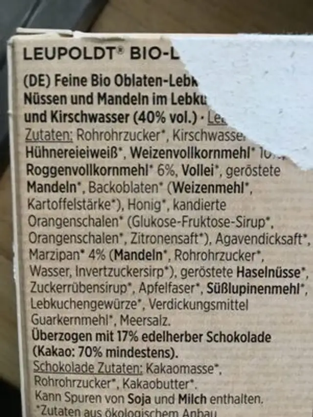 Bio Lebkuchen mit Kirschwasser ingredients label