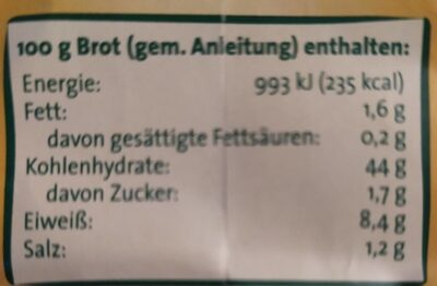 Brotbackmischung Vollwertkruste nutrition facts table