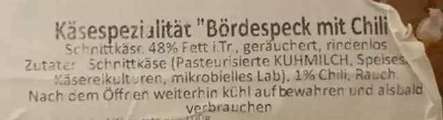 Käsespezialität "Bördespeck mit Chili ingredients label