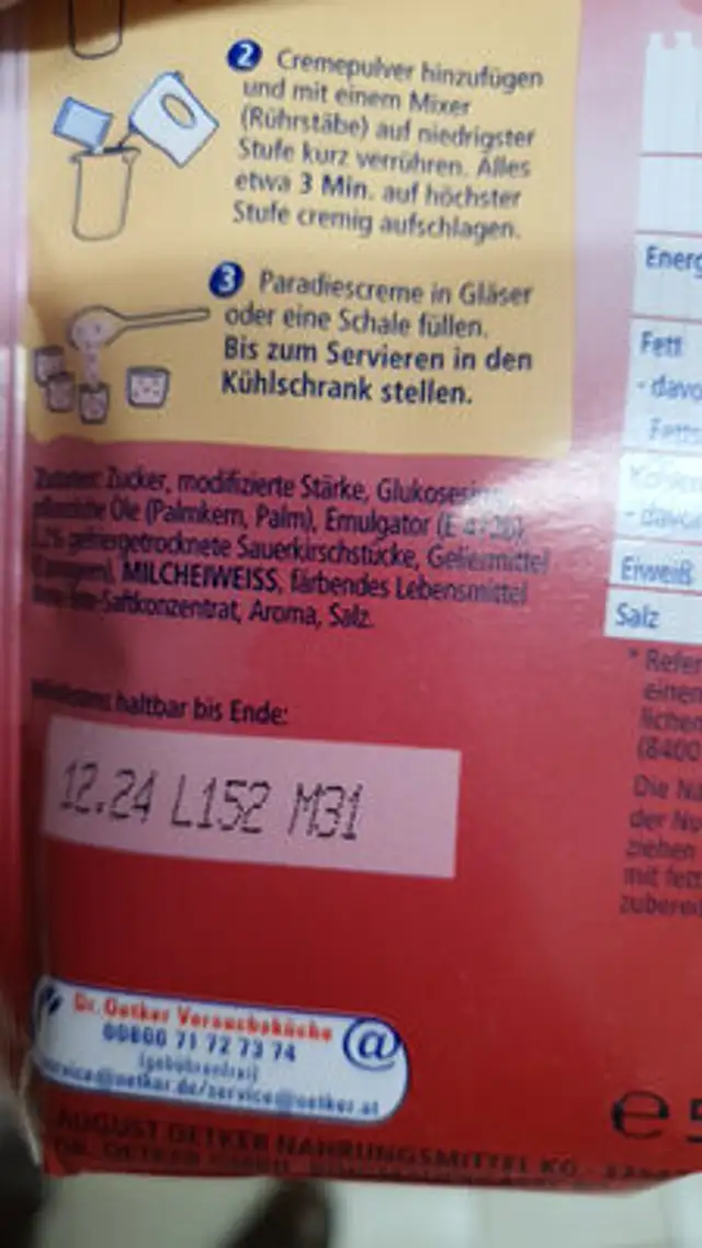 Paradiescreme Amarena Kirsch ingredients label