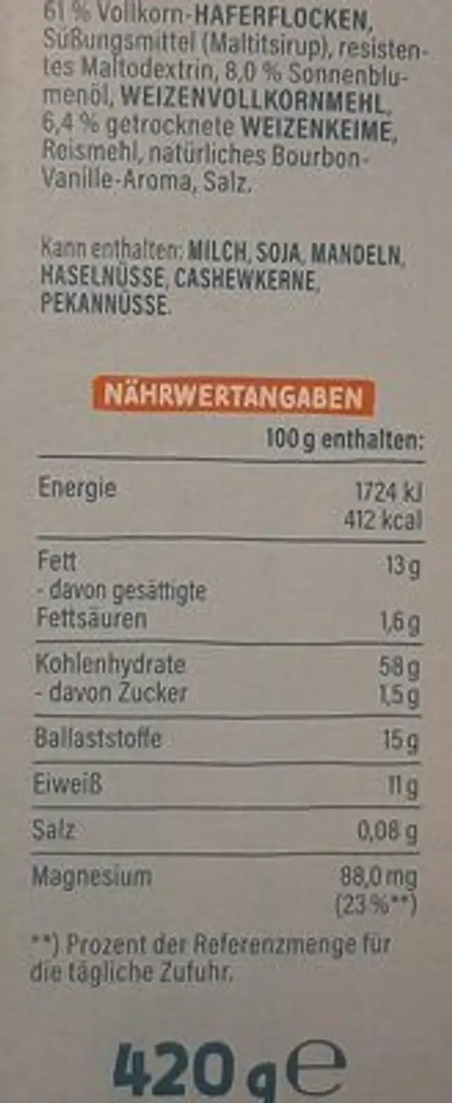 Müsli ohne Zucker Zusatz ingredients label