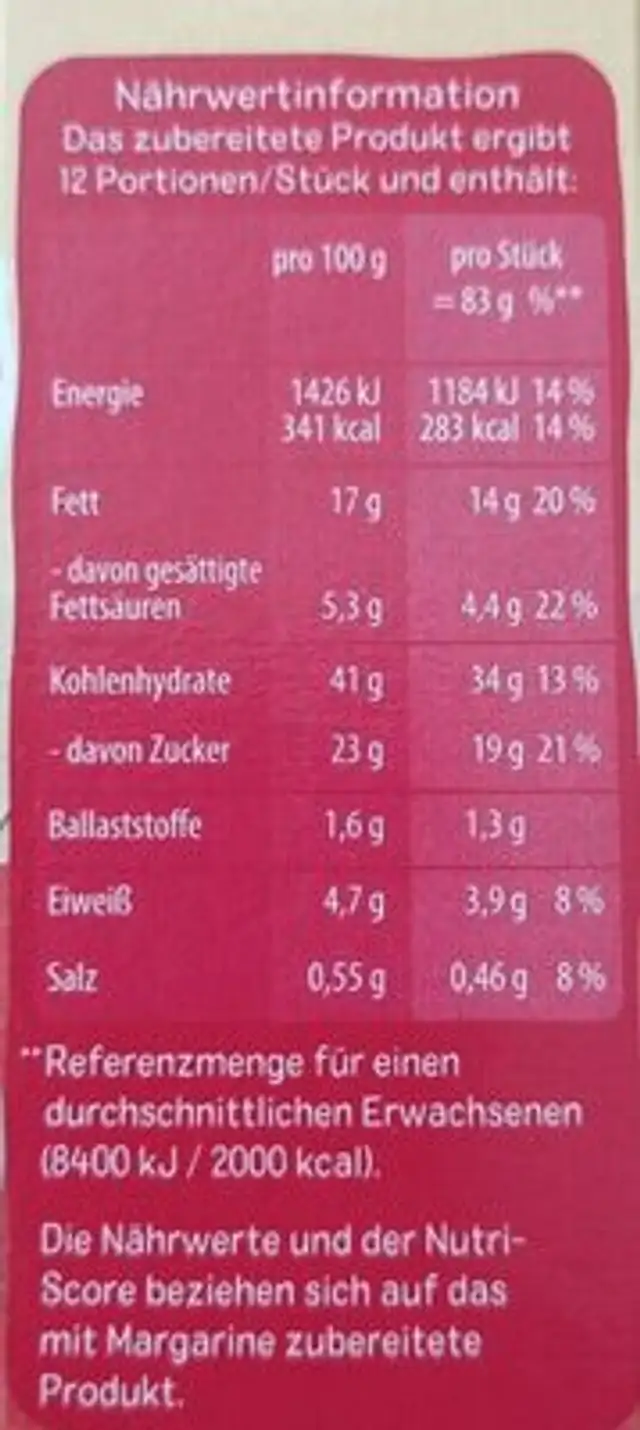 Kirschli Kuchen nutrition facts table