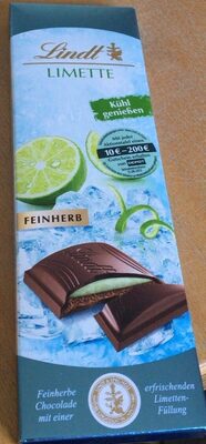 Lindt & Sprüngli Limette 4000539141768 Gefüllte feinherbe Schokolade mit Limetten-Füllung (17%) auf Schokoladen-Crème (25%)