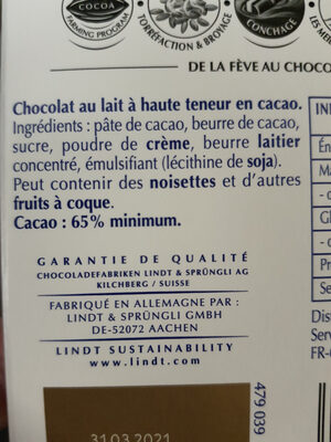 Chocolat au lait 65% cacao ingredients label