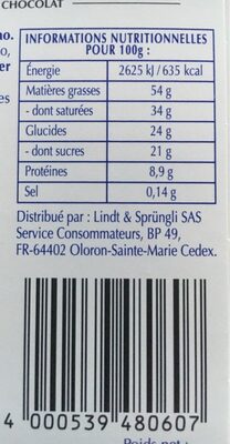 Chocolat au lait 65% cacao nutrition facts table