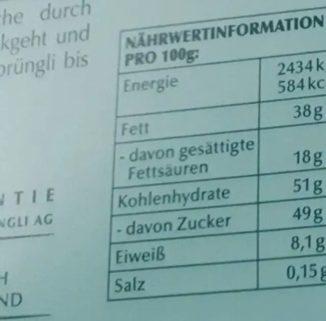 LINDT Osteredition nutrition facts table