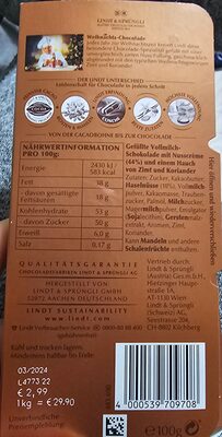 Weihnachtschocolade ingredients label