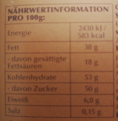 Weihnachtschocolade nutrition facts table