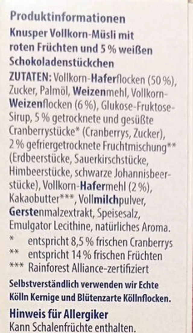 Knusper Beere & Schoko ingredients label