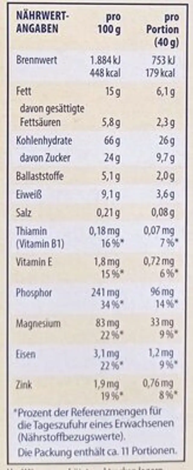 Knusper Beere & Schoko nutrition facts table